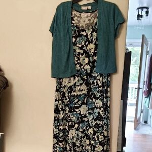 Kim Rogers Black and Blue Floral Midi Dress with Teal Cardigan